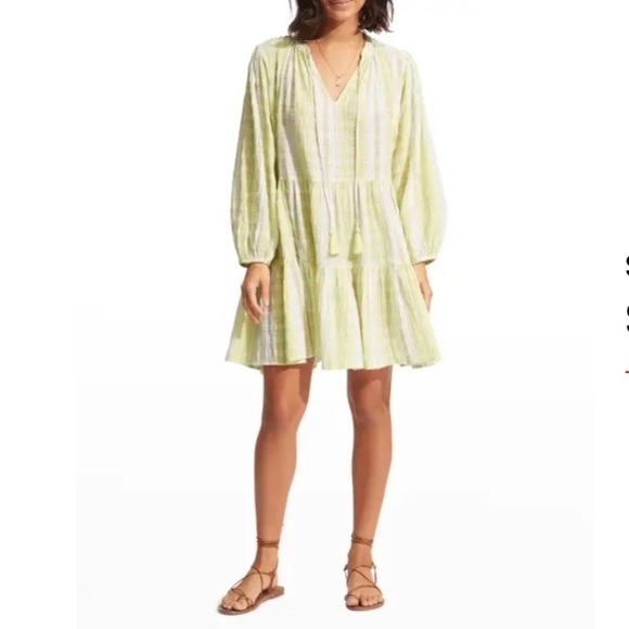 Seafolly Short V-Neck Textured Gingham Tiered Dress in Wild Lime NWT - Picture 1 of 8